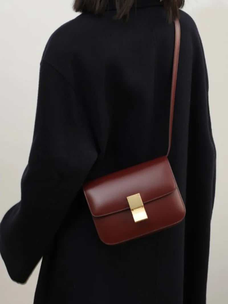 Metal Button Cowhide Tofu Bags All-match Commuter Elegant Small Square Shoulder Bag 2024 New French Style Commuter Handbags