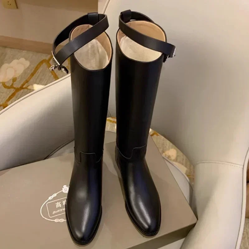 Mid Calf Women's High Boots Slip On Trendy Winter Boots With Charms Woman Shoes Spring Autumn Daily Riding Equestrian Boots