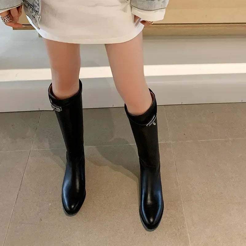 Mid Calf Women's High Boots Slip On Trendy Winter Boots With Charms Woman Shoes Spring Autumn Daily Riding Equestrian Boots