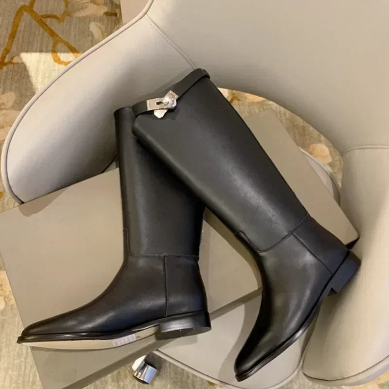 Mid Calf Women's High Boots Slip On Trendy Winter Boots With Charms Woman Shoes Spring Autumn Daily Riding Equestrian Boots