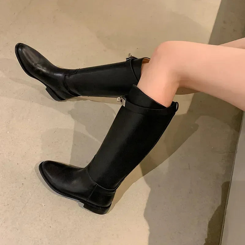 Mid Calf Women's High Boots Slip On Trendy Winter Boots With Charms Woman Shoes Spring Autumn Daily Riding Equestrian Boots