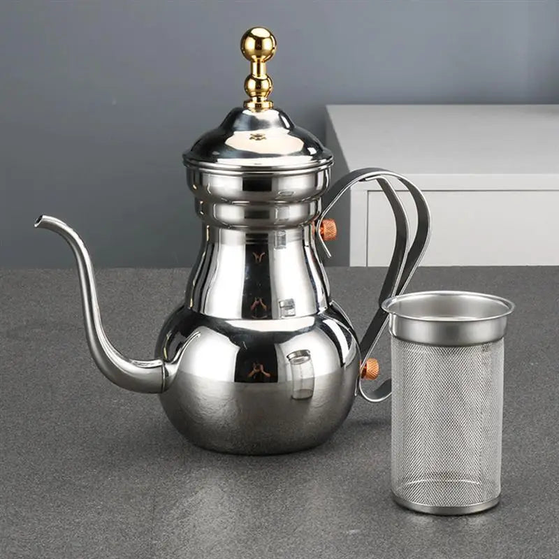 Middle East Arabic Teapot Sliver Gold Stainless Steel Gooseneck Pour Coffee Tea Kettle Filter Strainer Pot Environmental