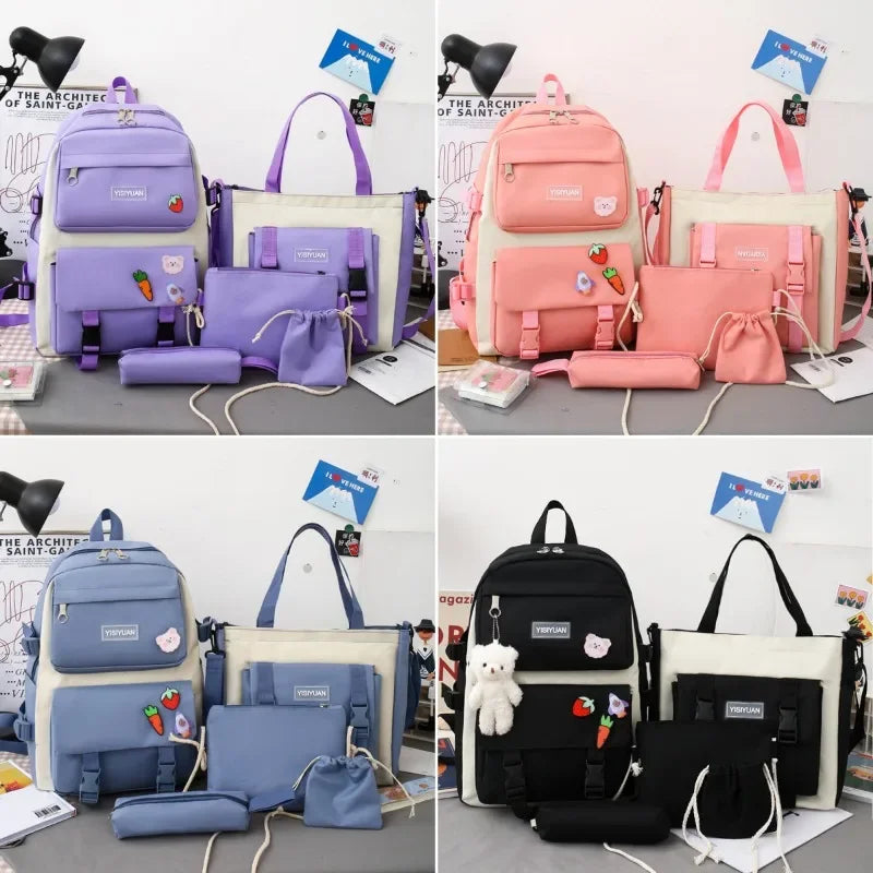 Middle School Student Schoolbag Five-piece Set Suitable for Girls' Large-capacity Waterproof Backpack Set Mochila Escolar Niña