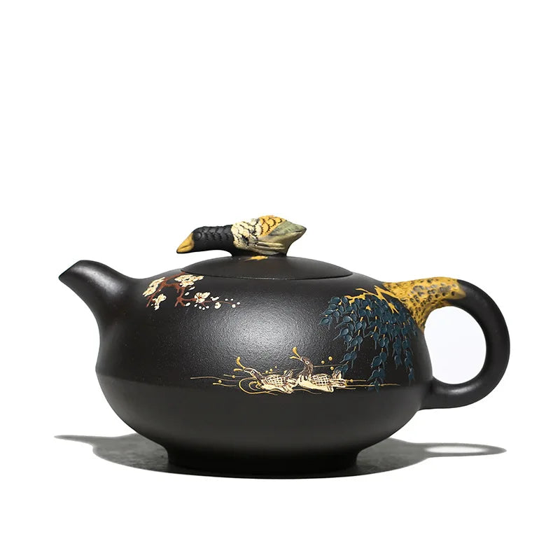 Mineral Yellow Black Clay Teapot Yuan Youjun Handmade Mandarin Ducks Playing in the Water Clay Painting Teapot Household One Pie