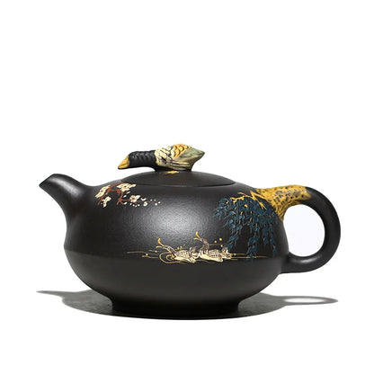 Mineral Yellow Black Clay Teapot Yuan Youjun Handmade Mandarin Ducks Playing in the Water Clay Painting Teapot Household One Pie
