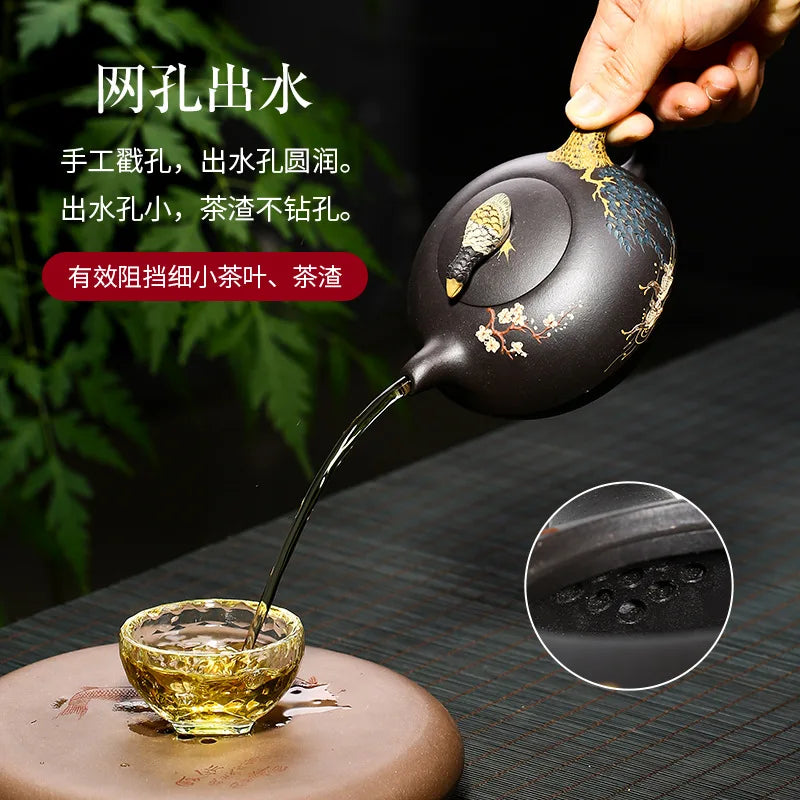 Mineral Yellow Black Clay Teapot Yuan Youjun Handmade Mandarin Ducks Playing in the Water Clay Painting Teapot Household One Pie