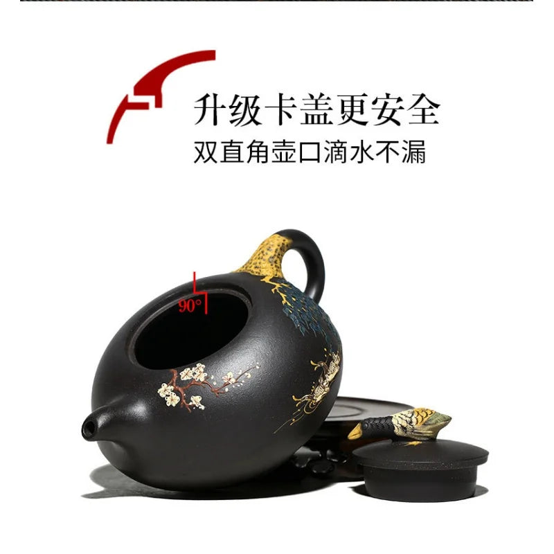 Mineral Yellow Black Clay Teapot Yuan Youjun Handmade Mandarin Ducks Playing in the Water Clay Painting Teapot Household One Pie