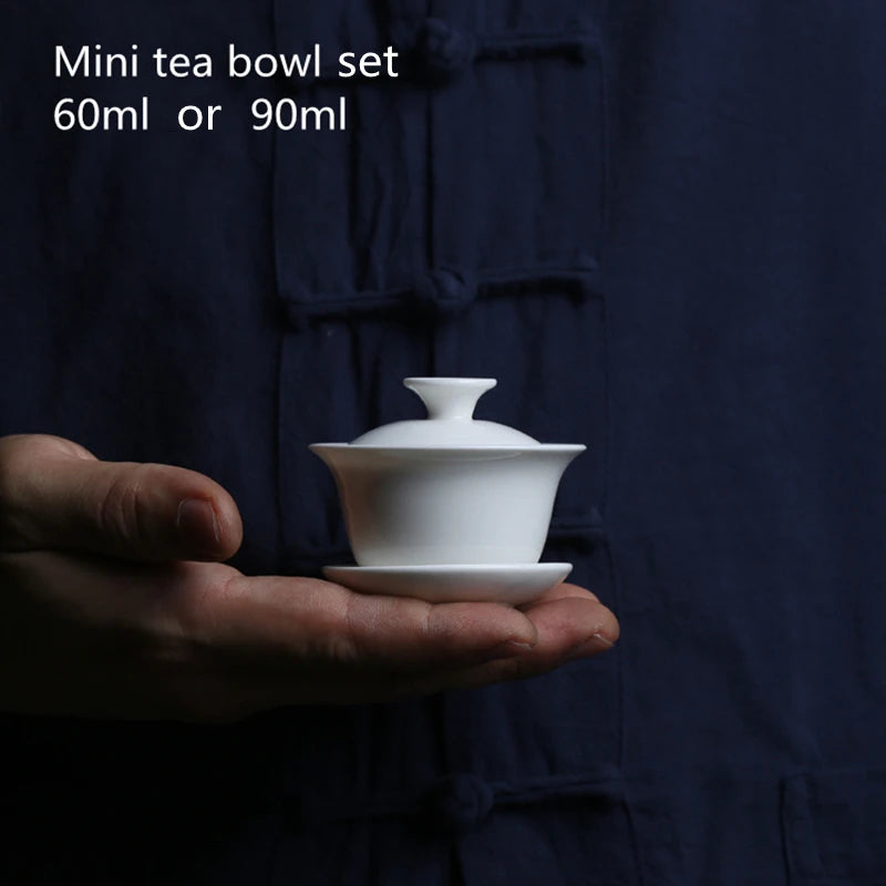 Mini 60ml Gaiwan For Tea Solid White Porcelain Tureen With Lid Teaware Travel Kung Fu Tea Set Chinese Cup Tea Bowls Small Chawan
