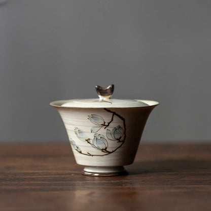 Mini Hand-painted Magnolia Flower Gaiwan Japanese Style Thin Ceramic Cover Bowl Small Kungfu Tea Tureen Exquisite Tea Set