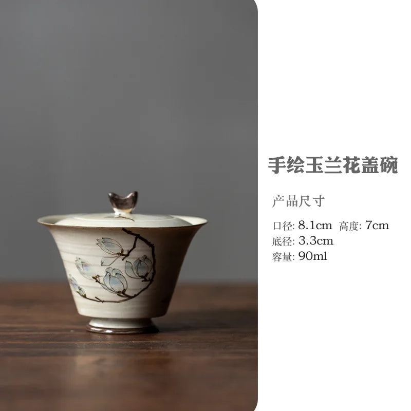 Mini Hand-painted Magnolia Flower Gaiwan Japanese Style Thin Ceramic Cover Bowl Small Kungfu Tea Tureen Exquisite Tea Set