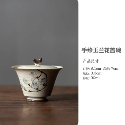 Mini Hand-painted Magnolia Flower Gaiwan Japanese Style Thin Ceramic Cover Bowl Small Kungfu Tea Tureen Exquisite Tea Set