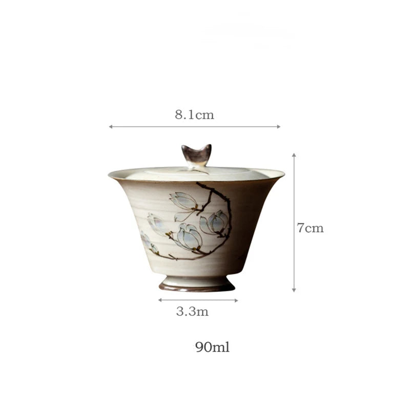 Mini Hand-painted Magnolia Flower Gaiwan Japanese Style Thin Ceramic Cover Bowl Small Kungfu Tea Tureen Exquisite Tea Set
