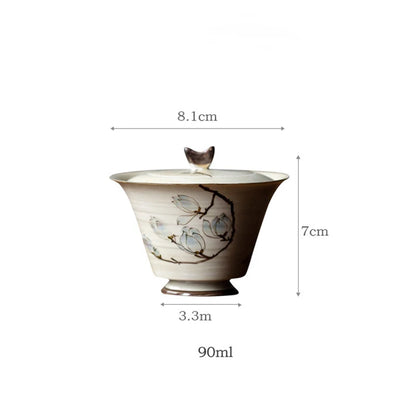 Mini Hand-painted Magnolia Flower Gaiwan Japanese Style Thin Ceramic Cover Bowl Small Kungfu Tea Tureen Exquisite Tea Set