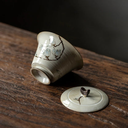 Mini Hand-painted Magnolia Flower Gaiwan Japanese Style Thin Ceramic Cover Bowl Small Kungfu Tea Tureen Exquisite Tea Set