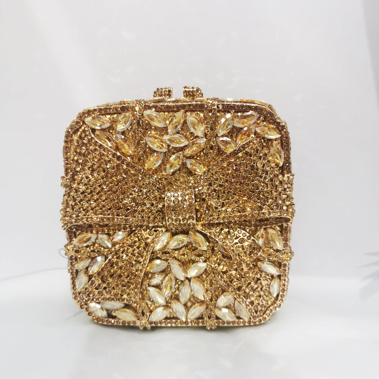 Mini Square Bow Woman Diamond Gold Handbag High Quality Crystal Wedding Bridal Evening Bag Party Banquet Cocktail Dinner Purse
