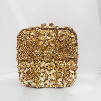 Mini Square Bow Woman Diamond Gold Handbag High Quality Crystal Wedding Bridal Evening Bag Party Banquet Cocktail Dinner Purse