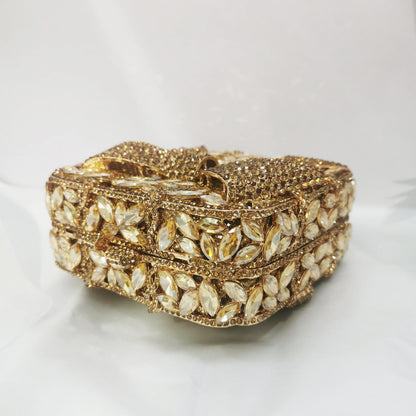 Mini Square Bow Woman Diamond Gold Handbag High Quality Crystal Wedding Bridal Evening Bag Party Banquet Cocktail Dinner Purse