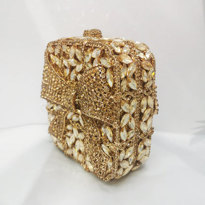 Mini Square Bow Woman Diamond Gold Handbag High Quality Crystal Wedding Bridal Evening Bag Party Banquet Cocktail Dinner Purse