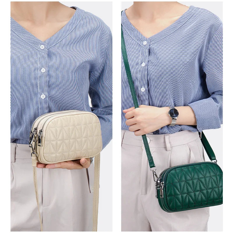 Mini Zipper Shoulder Bags for Women 3 Layers Leather Ladies Hand Bags Diamond Style Fashion Stitching Mobile Phone Purse Pouch