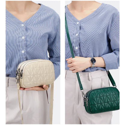 Mini Zipper Shoulder Bags for Women 3 Layers Leather Ladies Hand Bags Diamond Style Fashion Stitching Mobile Phone Purse Pouch