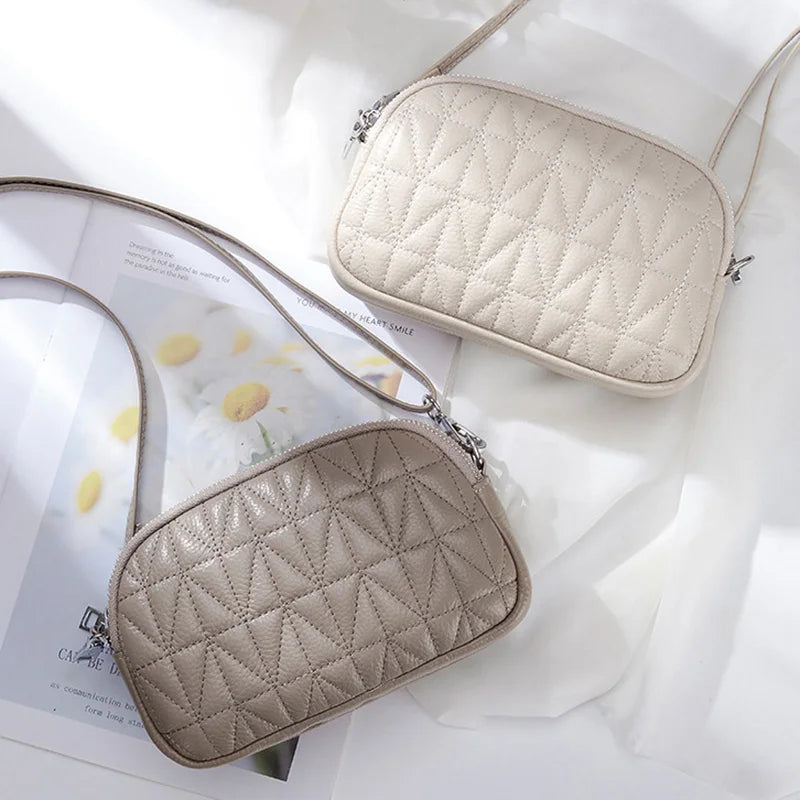 Mini Zipper Shoulder Bags for Women 3 Layers Leather Ladies Hand Bags Diamond Style Fashion Stitching Mobile Phone Purse Pouch