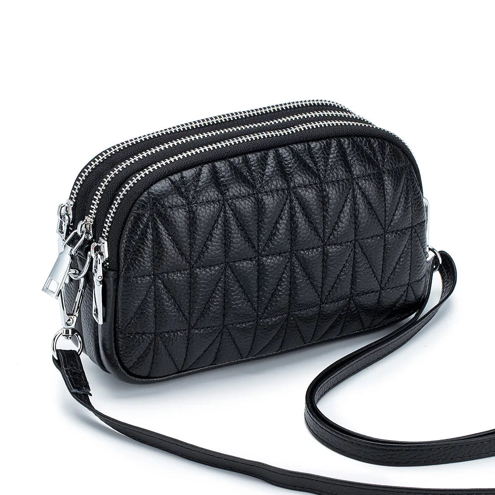 Mini Zipper Shoulder Bags for Women 3 Layers Leather Ladies Hand Bags Diamond Style Fashion Stitching Mobile Phone Purse Pouch