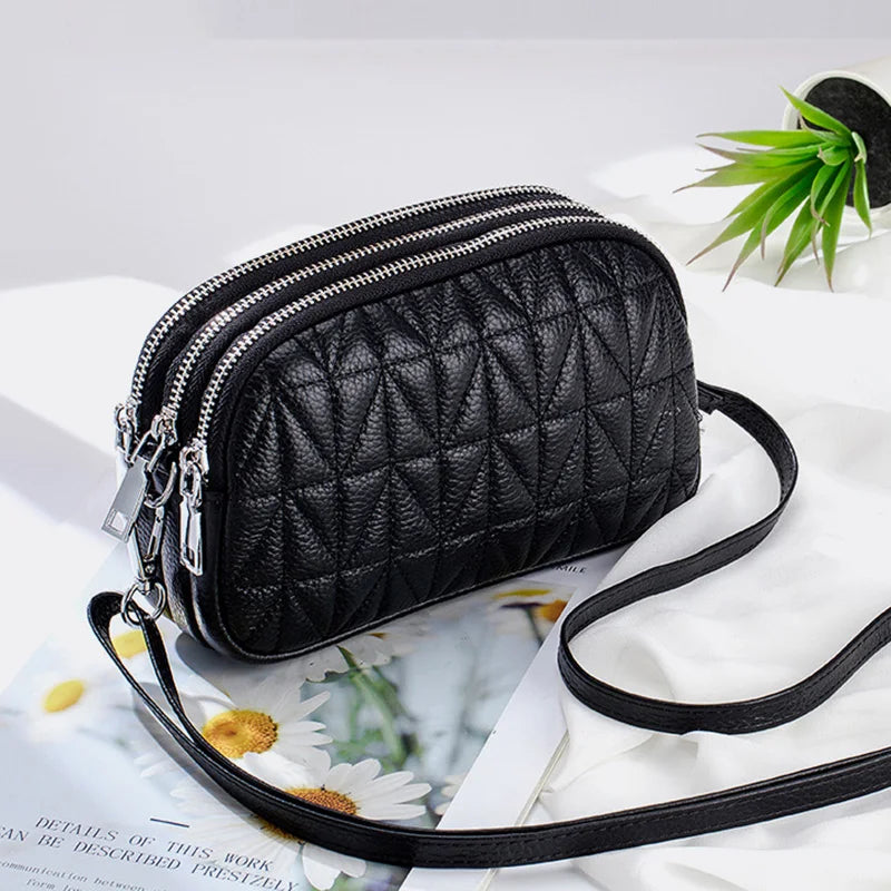 Mini Zipper Shoulder Bags for Women 3 Layers Leather Ladies Hand Bags Diamond Style Fashion Stitching Mobile Phone Purse Pouch
