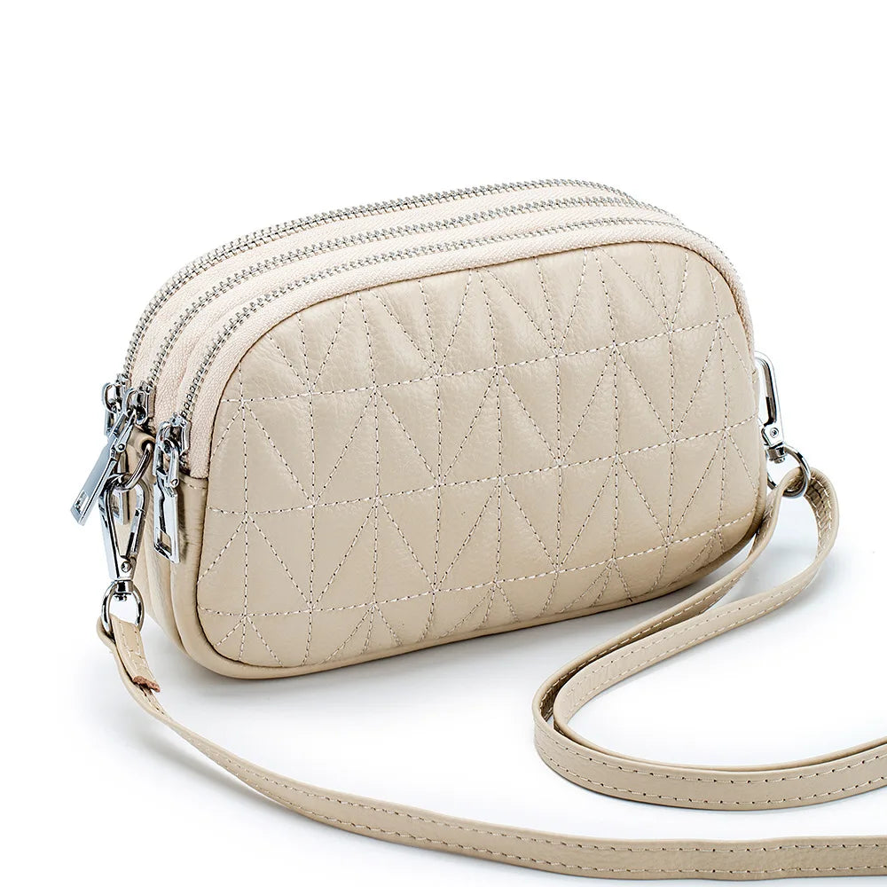 Mini Zipper Shoulder Bags for Women 3 Layers Leather Ladies Hand Bags Diamond Style Fashion Stitching Mobile Phone Purse Pouch