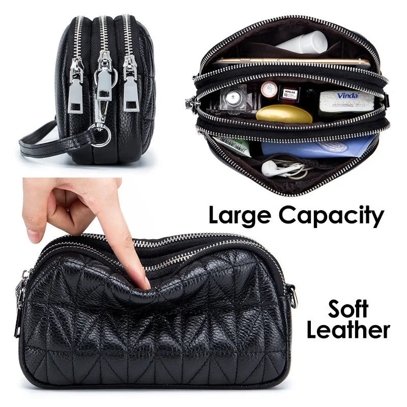 Mini Zipper Shoulder Bags for Women 3 Layers Leather Ladies Hand Bags Diamond Style Fashion Stitching Mobile Phone Purse Pouch