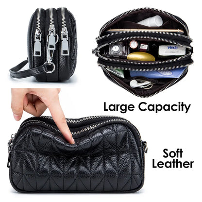 Mini Zipper Shoulder Bags for Women 3 Layers Leather Ladies Hand Bags Diamond Style Fashion Stitching Mobile Phone Purse Pouch