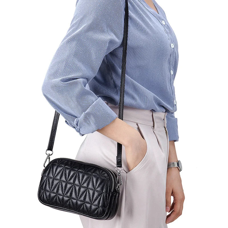 Mini Zipper Shoulder Bags for Women 3 Layers Leather Ladies Hand Bags Diamond Style Fashion Stitching Mobile Phone Purse Pouch