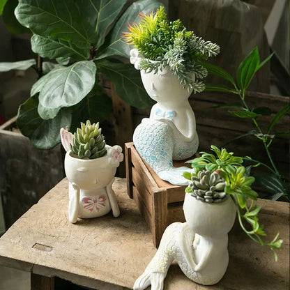 Mini fairy tale garden cute mermaid flower pot cartoon ornaments fish succulents planting green sill potted balcony decoration