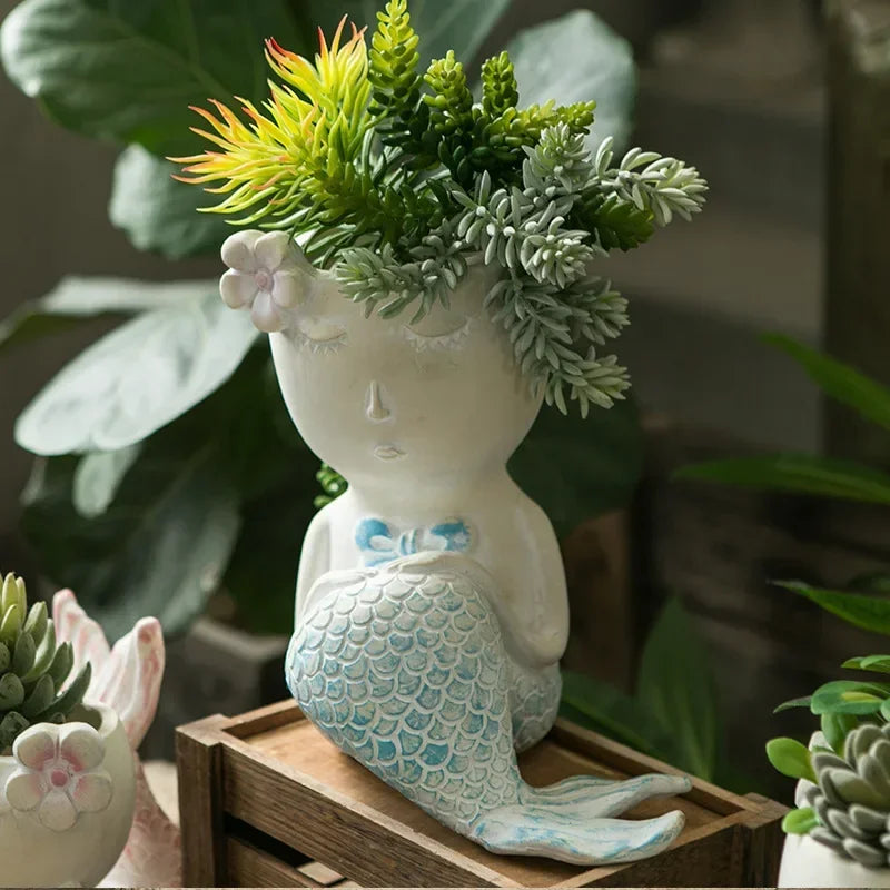 Mini fairy tale garden cute mermaid flower pot cartoon ornaments fish succulents planting green sill potted balcony decoration