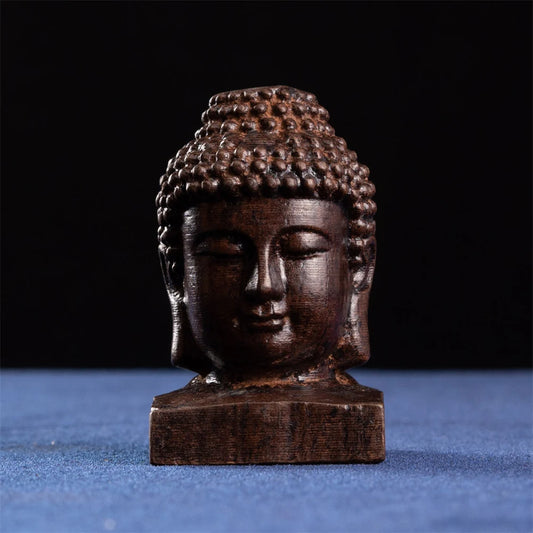 Miniature Wooden Figurine, Shakyamuni Buddha Head - Detailed Artistry, Compact Statue for Home, Spiritual Decor