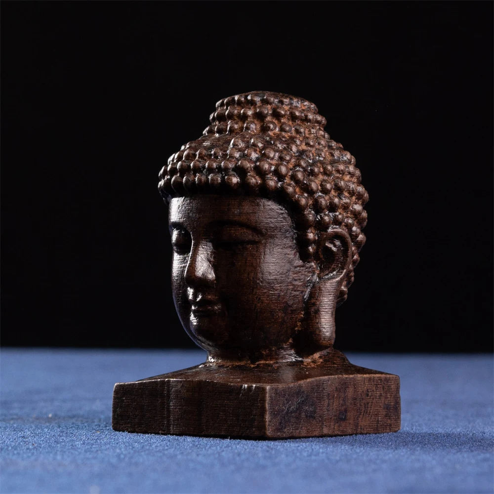 Miniature Wooden Figurine, Shakyamuni Buddha Head - Detailed Artistry, Compact Statue for Home, Spiritual Decor