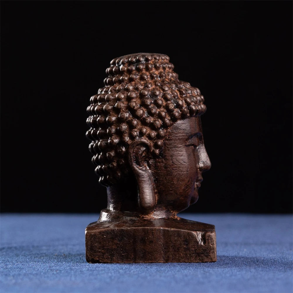 Miniature Wooden Figurine, Shakyamuni Buddha Head - Detailed Artistry, Compact Statue for Home, Spiritual Decor