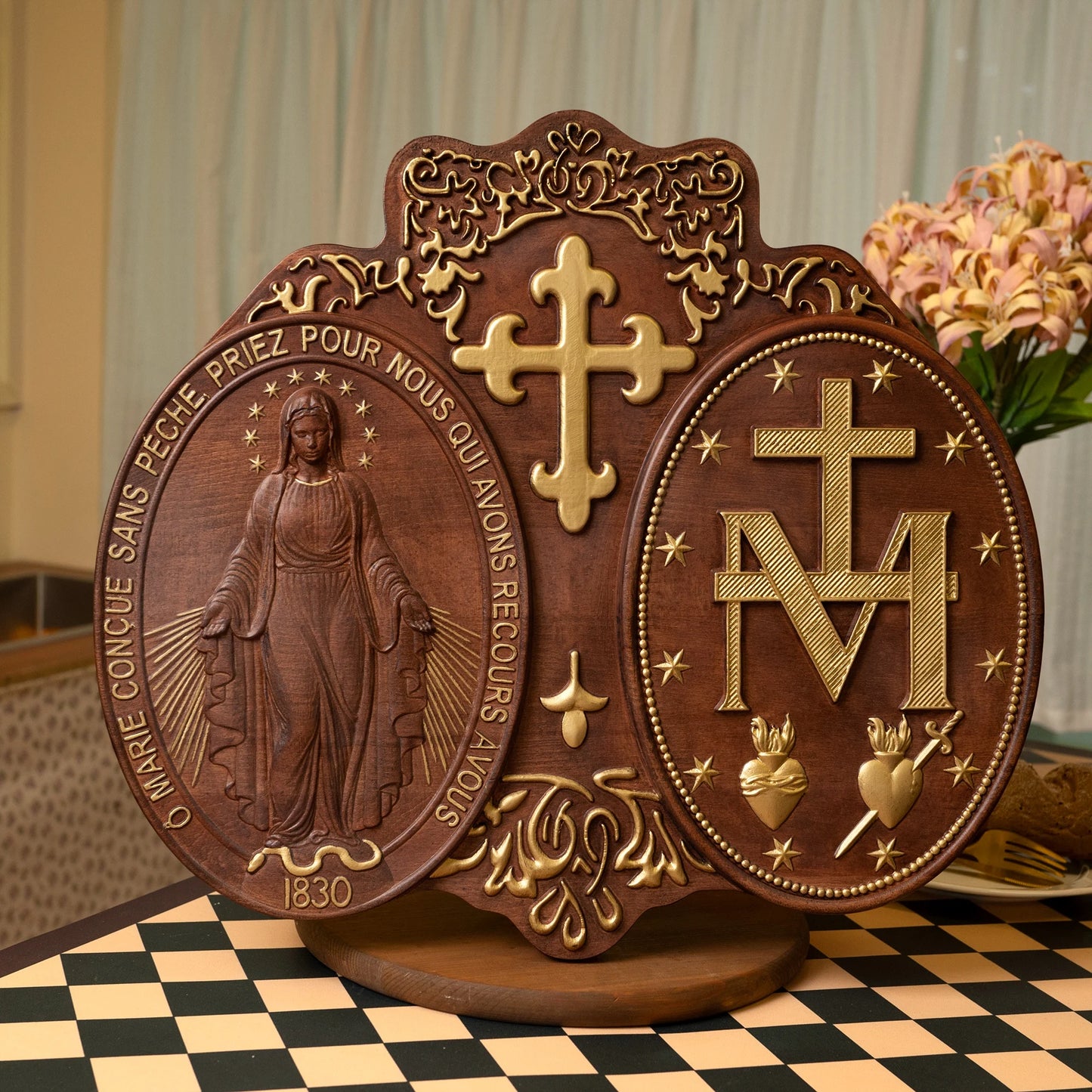 Miracle Medal Virgin Mary Statue Catholic Religious Object Home Wall Hanging Wooden Decoration Christian Plaque Religious Gift