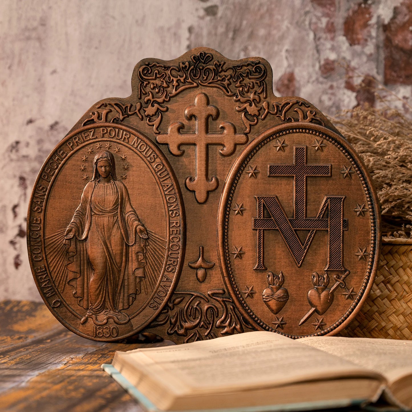 Miracle Medal Virgin Mary Statue Catholic Religious Object Home Wall Hanging Wooden Decoration Christian Plaque Religious Gift
