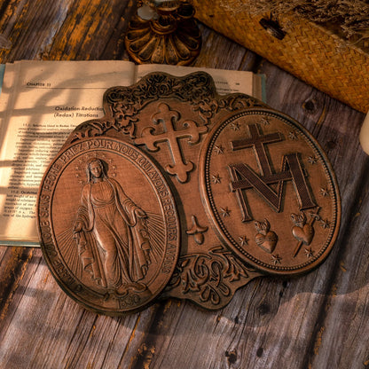 Miracle Medal Virgin Mary Statue Catholic Religious Object Home Wall Hanging Wooden Decoration Christian Plaque Religious Gift