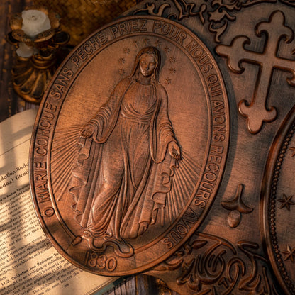 Miracle Medal Virgin Mary Statue Catholic Religious Object Home Wall Hanging Wooden Decoration Christian Plaque Religious Gift