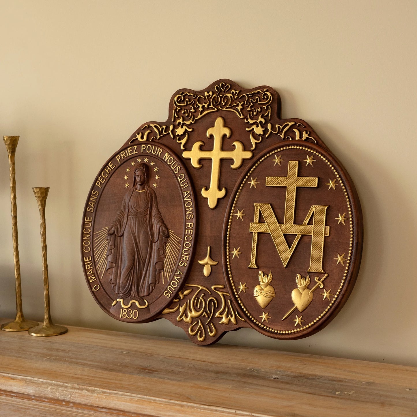 Miracle Medal Virgin Mary Statue Catholic Religious Object Home Wall Hanging Wooden Decoration Christian Plaque Religious Gift