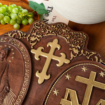 Miracle Medal Virgin Mary Statue Catholic Religious Object Home Wall Hanging Wooden Decoration Christian Plaque Religious Gift