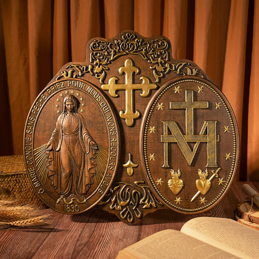 Miracle Medal Wood Carving Decoration Our Lady Medal Plaque Catholic Glory Virgin Mary Statue Wall Decor Christian Gift