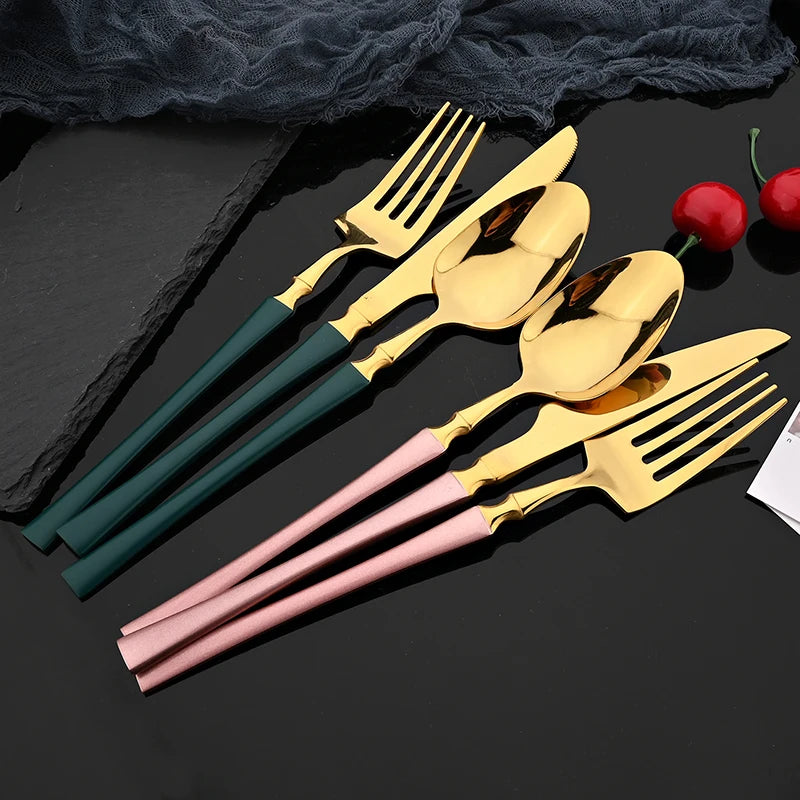 Mirror Green Handle Stainless Steel 10People Dinner Fork Gold Fork Hotel Restaurant Party Supplies Dinnerware Steak Gold Fork