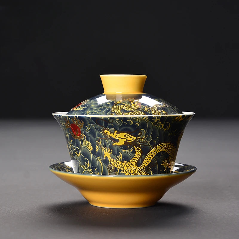 Miyayan style Ceramic Gaiwan Teacup handmade Chinese Dragon pattern Tea tureen Bowl Retro Porcelain Teaware Accessories 200ml