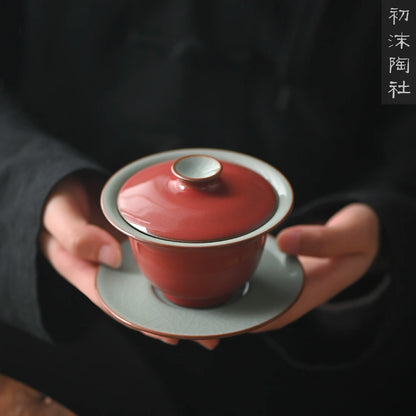 Mo pottery society Jingdezhen handmade Jihong Ru kiln Kung Fu cover bowl household ceramics Sancai cover bowl tea bowl