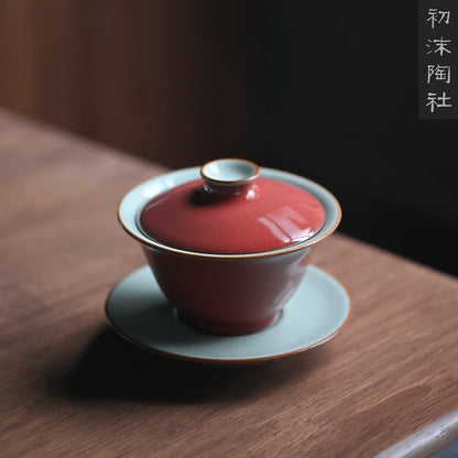 Mo pottery society Jingdezhen handmade Jihong Ru kiln Kung Fu cover bowl household ceramics Sancai cover bowl tea bowl