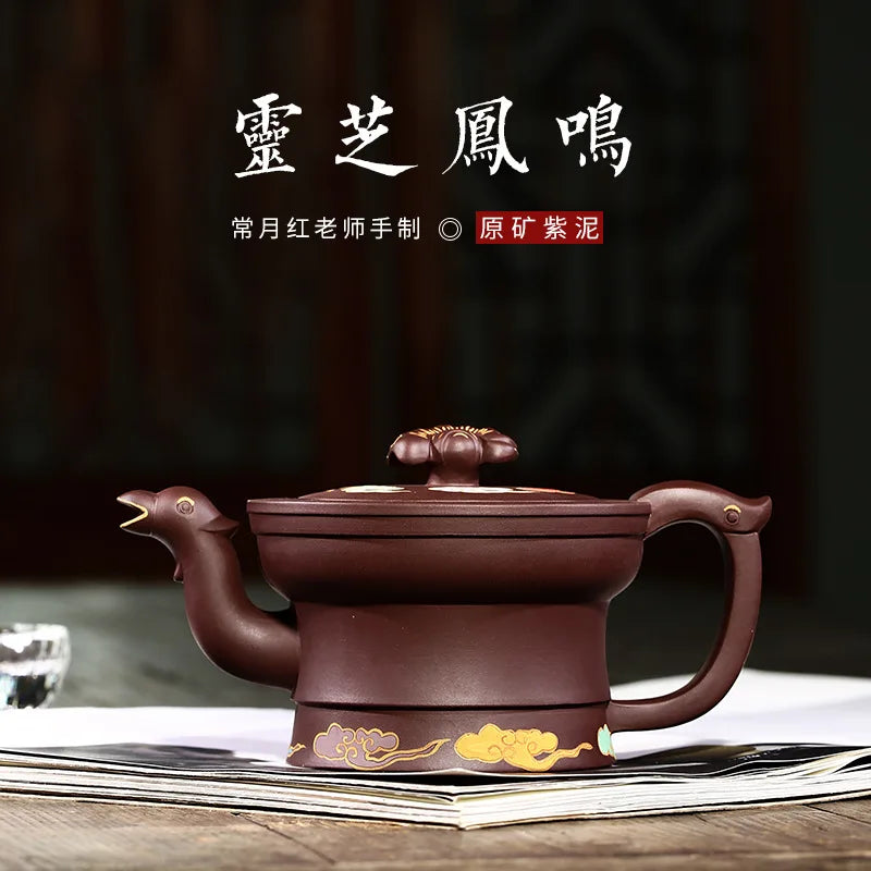 Modeling Clay Painted Ganoderma Lucidum Fengming Pot Raw Ore Purple Clay Regular Moon Red Purple Sand Pot Handmade One Piece Dro