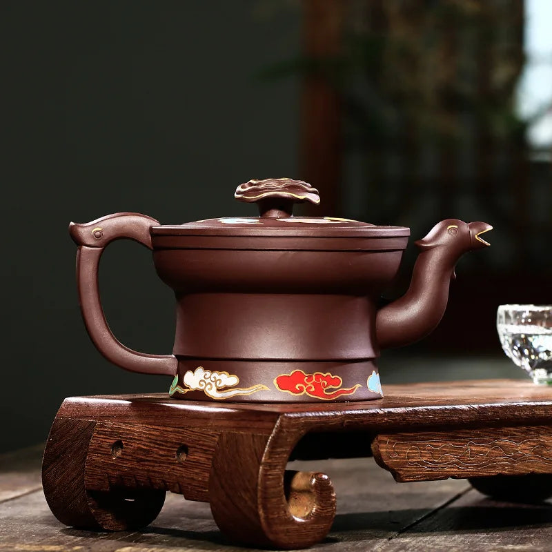 Modeling Clay Painted Ganoderma Lucidum Fengming Pot Raw Ore Purple Clay Regular Moon Red Purple Sand Pot Handmade One Piece Dro
