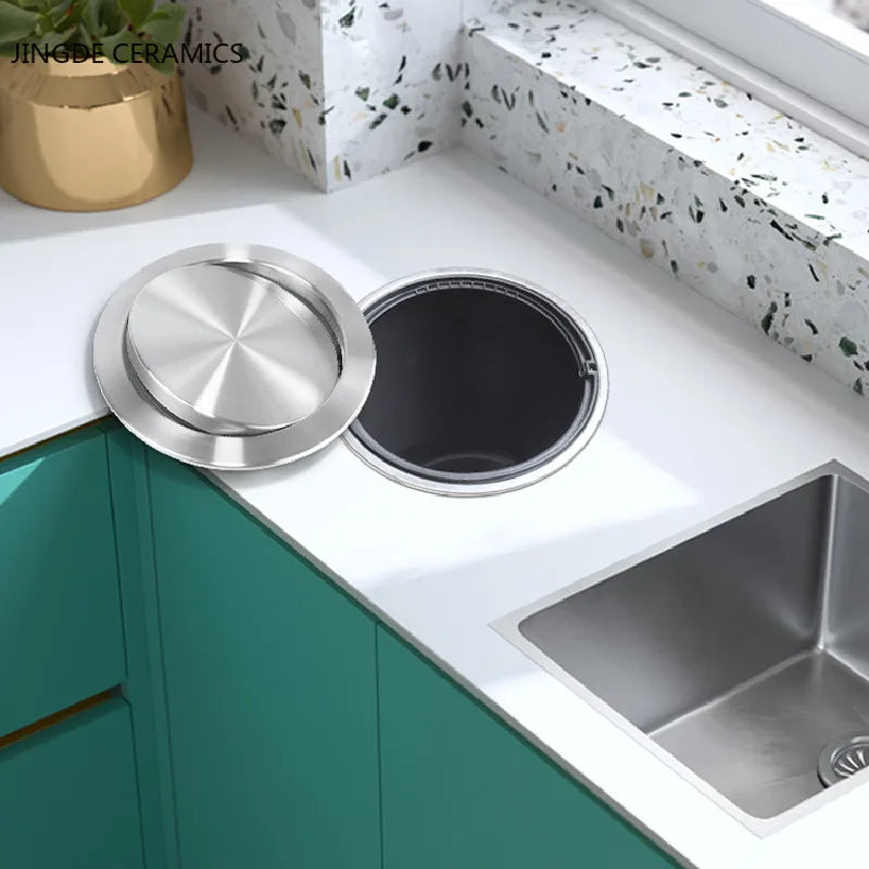 Modern Mute Stainless Steel Trash Can Lid Embedded Clamshell Trash Can Lid Multifunction Bath Kitchen Counter Top Accessories